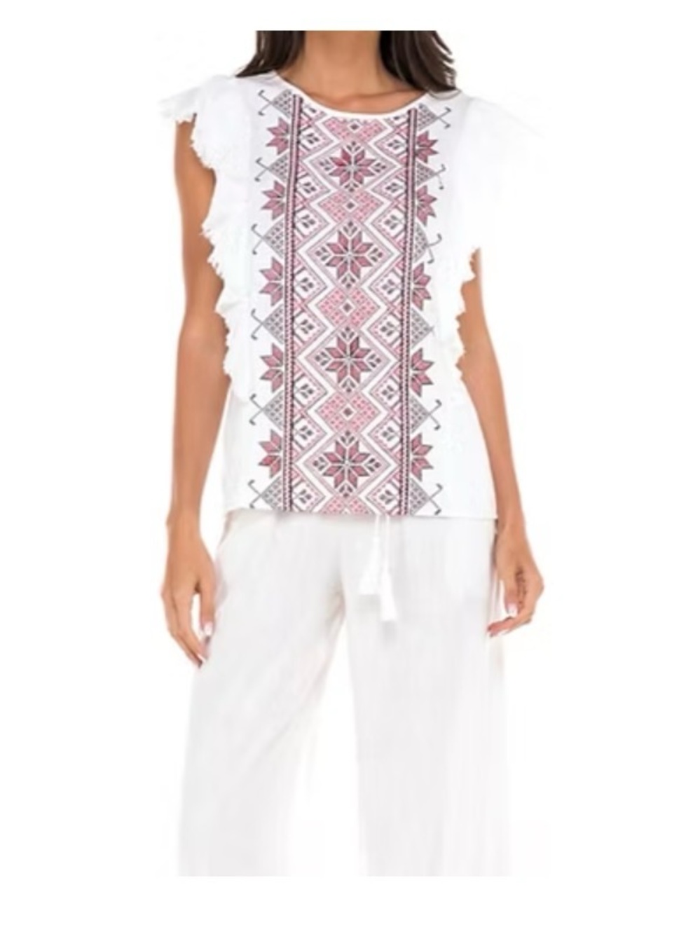 Angel+Premium Boho Embroidered Ruffle Sleeveless Blouse Size S Linen Blend